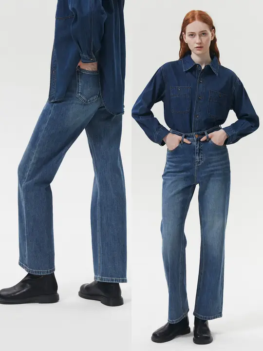 快適な伸縮性のあるコットンストレートシルエットデニムパンツ【ハイウエスト・フィット・女性用】