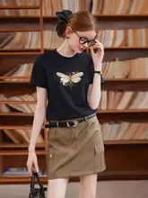 コントラスト刺繍ラウンドネック半袖Tシャツ【カジュアル・女性用】