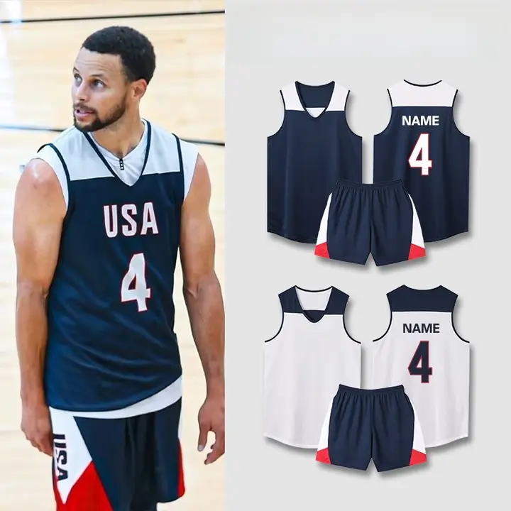 アメリカ代表チームのリバーシブルバスケットボールジャージ【大学生用・トレーニング対応・背面印刷】（セットアップ対応）