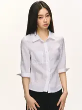 高級感あるデザイン！麻素材の中袖ブラウス【女性用・ウエスト絞り・白色】