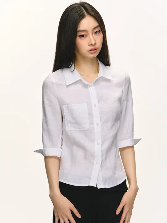 高級感あるデザイン！麻素材の中袖ブラウス【女性用・ウエスト絞り・白色】