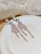 無耳孔用ピンク水晶ロングフリンジイヤリング【高級感あるデザイン・リゾートスタイル】