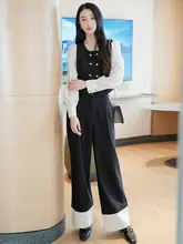 2点セット レディース トップス カジュアルパンツ ダブルブレスト パッチワーク プリーツ ストレート おしゃれ