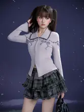 蝶結びデザインの薄紫色ニットカーディガン【提花編み・甘美なスタイル】