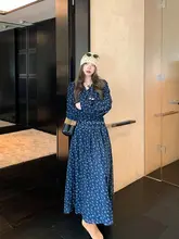 Vネック フラワープリントウエストリボン ワンピース【春秋対応・長袖・女性用】