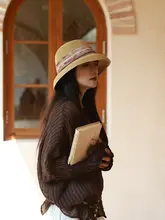 水墨風デザインの草編み小型帽子【幅広つば・日よけ・リゾート用】