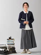 高腰Aラインスカート【グレー・リネンコットン・春用・通勤・着痩せ効果】