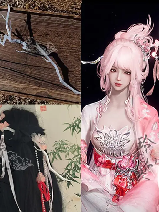 華やかな桃の花模様の古風ヘアアクセサリー【コスプレ撮影用・美しいデザイン・飾り帯付き】