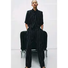 ストライプ柄の翻り短袖ジャケットと ウエストゴムのロングパンツ【ドレープ装飾・カジュアルスタイル】（セットアップ対応）