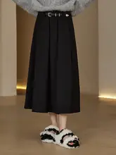 Aラインのウール製ハイウエストミディスカート【黒・プリーツデザイン・冬用】