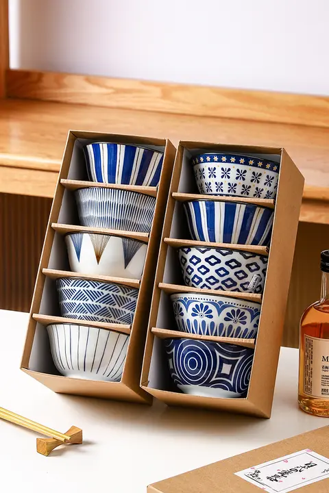 美しいデザインの陶器製和風ボウル【家庭用・ご飯用・多用途】（セットアップ対応）