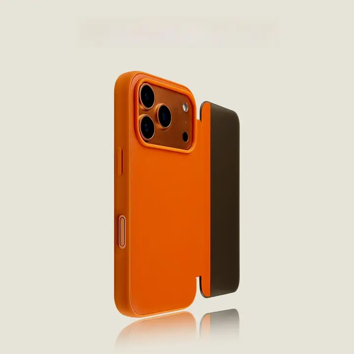 オレンジ色のナッパレザー製iPhone用ビジネススタイルケース【視認性の高いウィンドウ・防落下設計】
