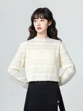 レースデザインのハイネック長袖トップス【体型カバー・秋冬用】