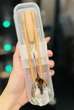 コンパクトな木製箸と304ステンレススチール製スプーンのセット【アウトドア用・学生食堂向け】