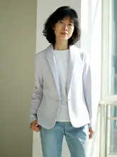 淡い紫色のノンパッドショートフィットニットジャケット【ビジネスカジュアル・女性用】