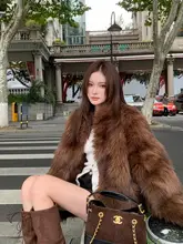 琥珀色のグラデーションのファーコート【エコファー・ロング丈・冬用・スタンドカラー】