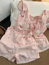 可愛らしいチェリー柄ソフトコットンパジャマ【キャミソール・ショートパンツ・夏用】（セットアップ対応）