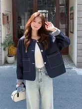 ダークネイビーチェック柄リバーシブルショートジャケット【春秋用・高級感・小柄向け】