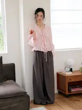リボン付きレースVネックピンク長袖シャツ【フレンチスタイル・ショートカーディガン】