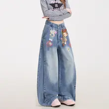 クマ柄プリントのワイドレッグデニムパンツ【ハイストリート・ヴィンテージウォッシュ・フィット・テーパー】（セットアップ対応）