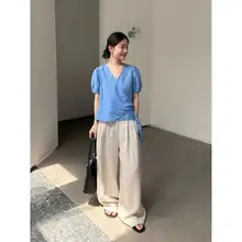 泡パフスリーブVネックラップトップ【シルエットを美しく見せる・夏用】（セットアップ対応）