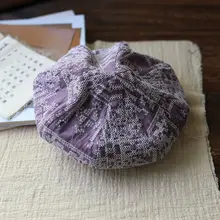 ベレー帽 レディース リネン 刺繍 パープル ヴィンテージ 小顔効果 着回し 春