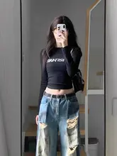 黒色の高腰ショート長袖Tシャツ【秋用・セクシー・クロップド・シンプルデザイン】