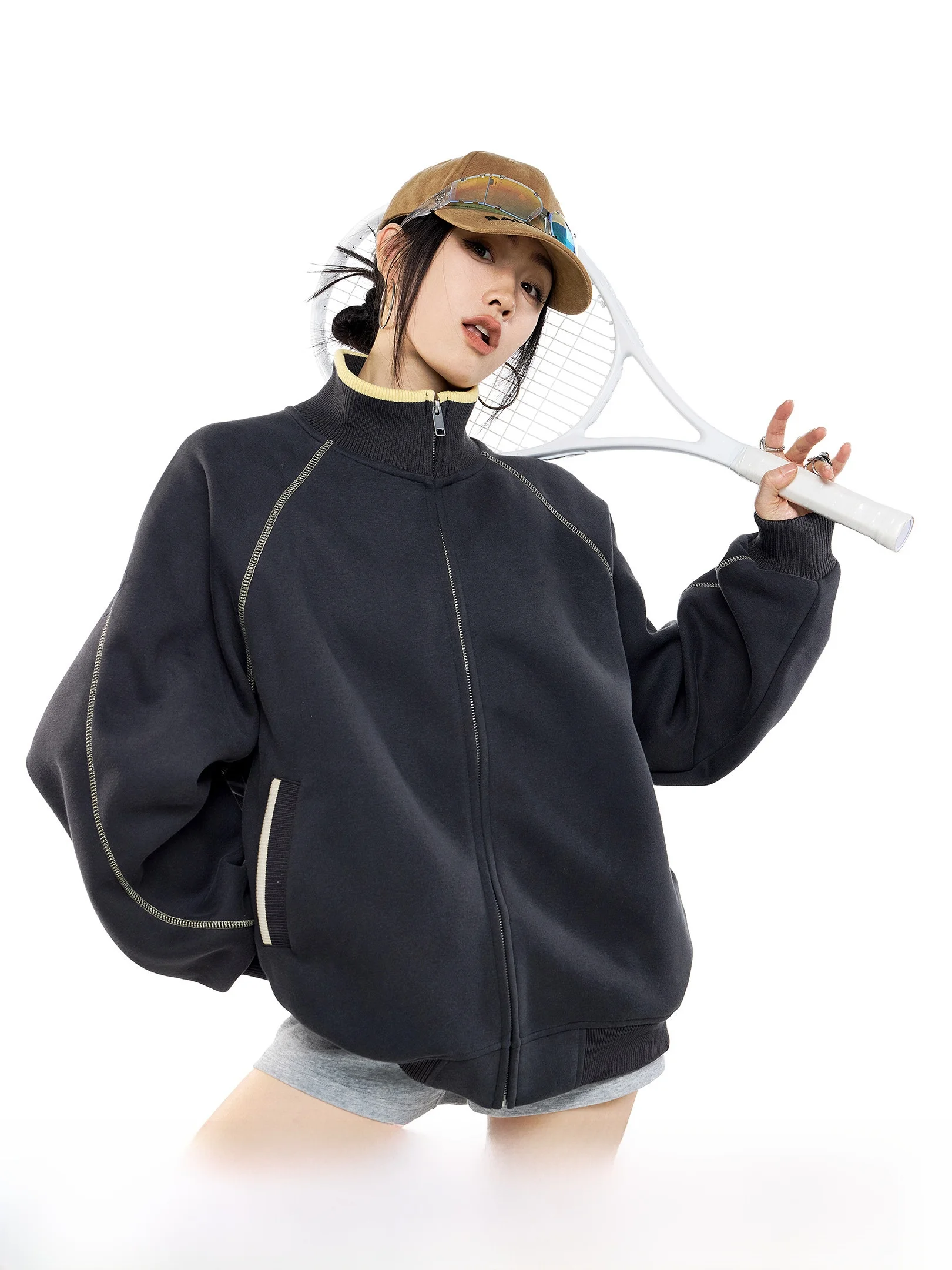 春季用ルーズフィットジッパー付きパーカー：美式スタイルの女性向け日常着