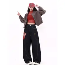 MZVZ アメリカンビンテージスタイル チェック柄切替ワイドデニムパンツ【秋冬用・テーパード・カーゴパンツ】