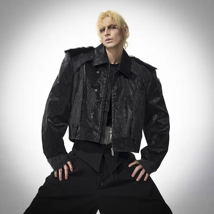 レザー風 蛇柄切替フェイクファー ジャケット【秋冬用・メンズ・ブラック】