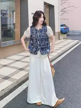 ヴィンテージ風 刺繍エプロンベスト【カラーコンビネーション・パフスリーブ・ワイドパンツ・夏用】（セットアップ対応）