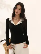 春向きのVネック長袖Tシャツ【コントラストカラー・フィット感・女性用・洗練されたデザイン】（セットアップ対応）