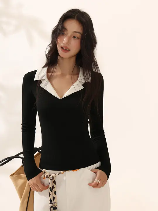 春向きのVネック長袖Tシャツ【コントラストカラー・フィット感・女性用・洗練されたデザイン】（セットアップ対応）