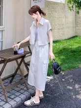 独特なドローコードデザインの工装シャツ【女性用・半身スカート付き・夏向け】（セットアップ対応）