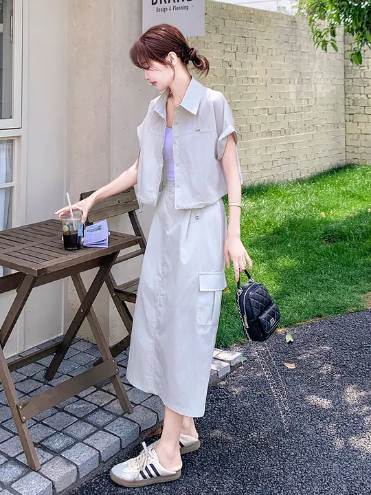 独特なドローコードデザインの工装シャツ【女性用・半身スカート付き・夏向け】（セットアップ対応）
