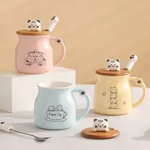 猫デザインの紫色セラミックマグカップ【蓋付き・スプーン付き】
