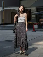 高腰花柄スカート【夏用・不規則デザイン・シルエットアップ】（セットアップ対応）