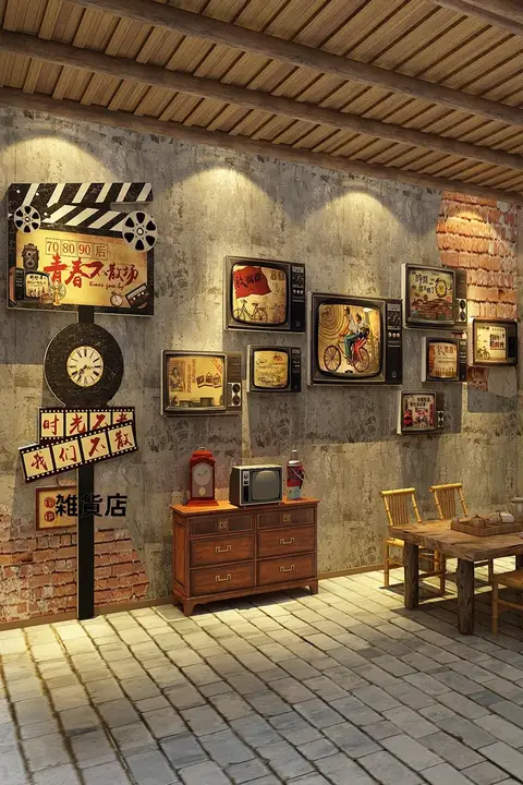レトロな飲食文化を表現！火鍋焼肉店用 壁面装飾ステッカー【創造的デザイン】