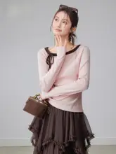 春季デザイン！ピンクのリボン付き長袖Tシャツ【韓国風・重ね着用】
