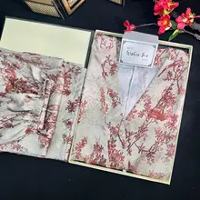 国風フラワープリントアイスシルクパジャマ【春夏用・通気性・快適・外出可能】（セットアップ対応）