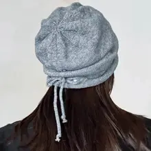 女性用ニットドローストリング帽子【シンプルデザイン・保温性・秋冬用】