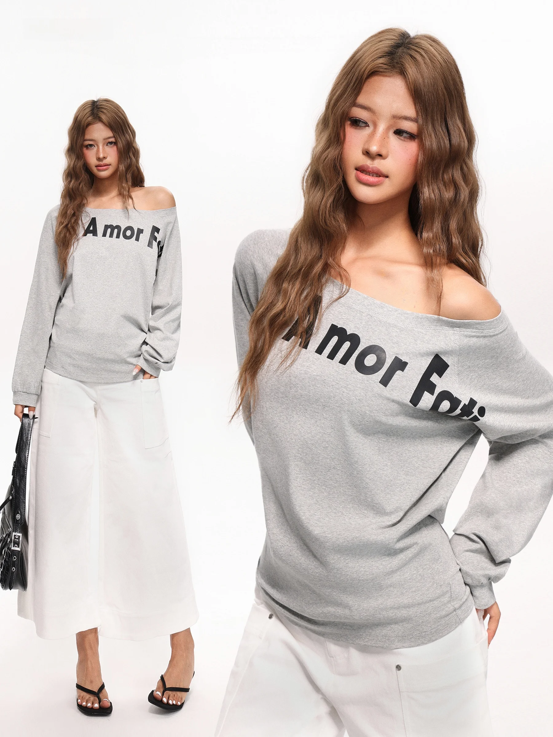 春用デザインのオフショルダー長袖Tシャツ【ゆったりフィット・斜め肩・女性用】
