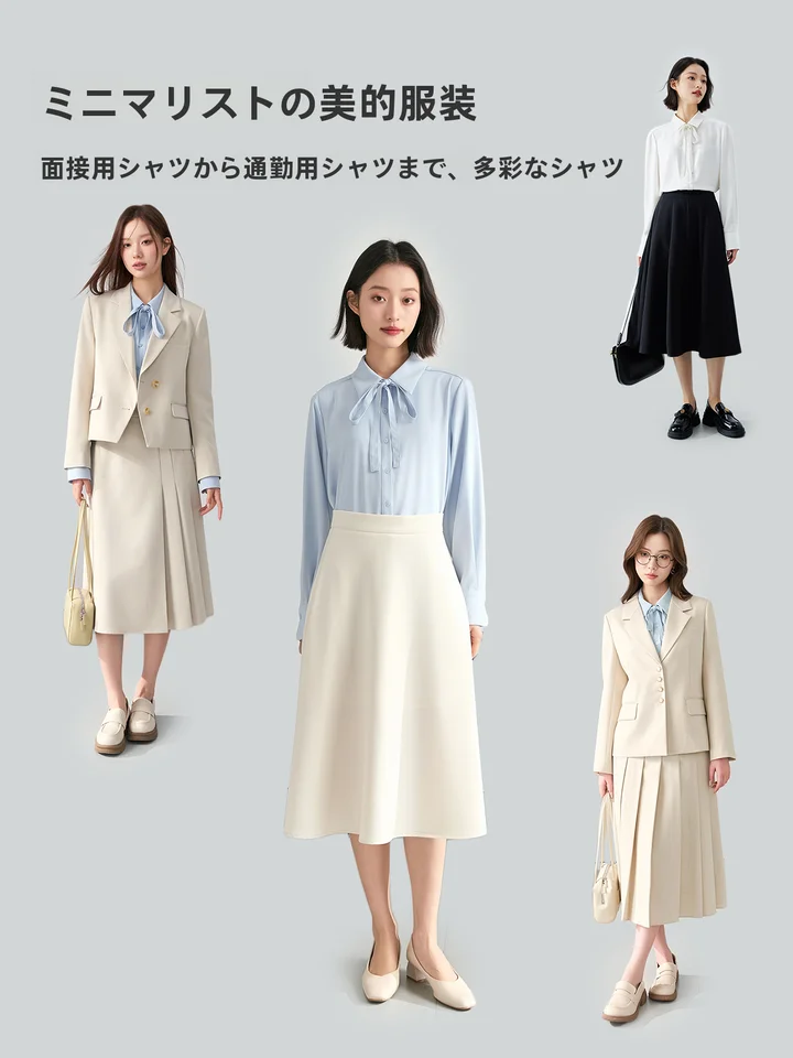 ホワイトリボンブラウス【秋用・面接・小柄向け・ビジネスファッション】