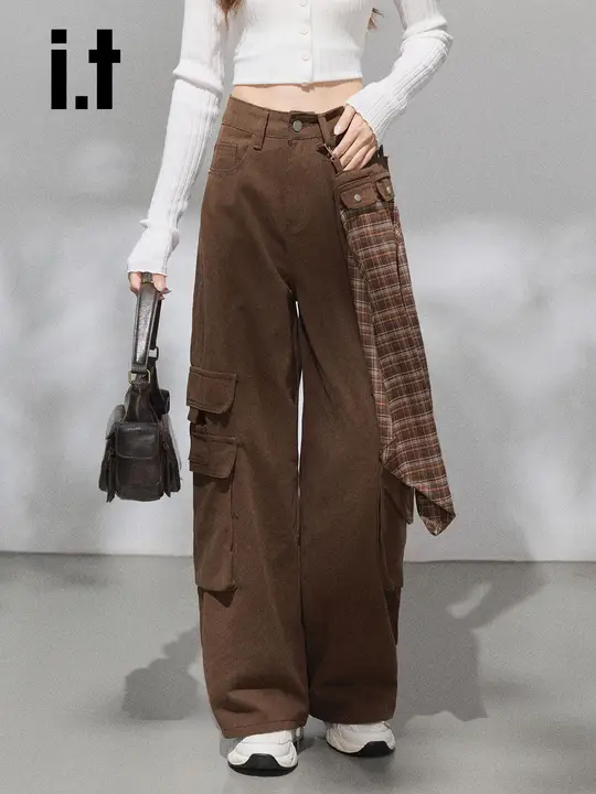 秋冬用 コーデュロイ風カラー チェックワイドレッグパンツ【デザイン性高い・カジュアル・レディース】