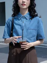 ポケット付きデニムシャツ【レディース・ショートスリーブ・カジュアル・夏用・ルーズフィット】