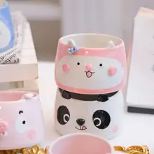 かわいい動物デザインの水杯【手描き・ブルーとピンクのウサギ・陶器製】（セットアップ対応）