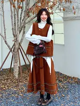 3点セット レディース コーデュロイ ベスト Tシャツ スカート ボヘミアン ヴィンテージ 秋