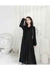 上質なブラック長袖ワンピース【大きいサイズ・ゆったりタイプ・シンプルデザイン・膝下丈】