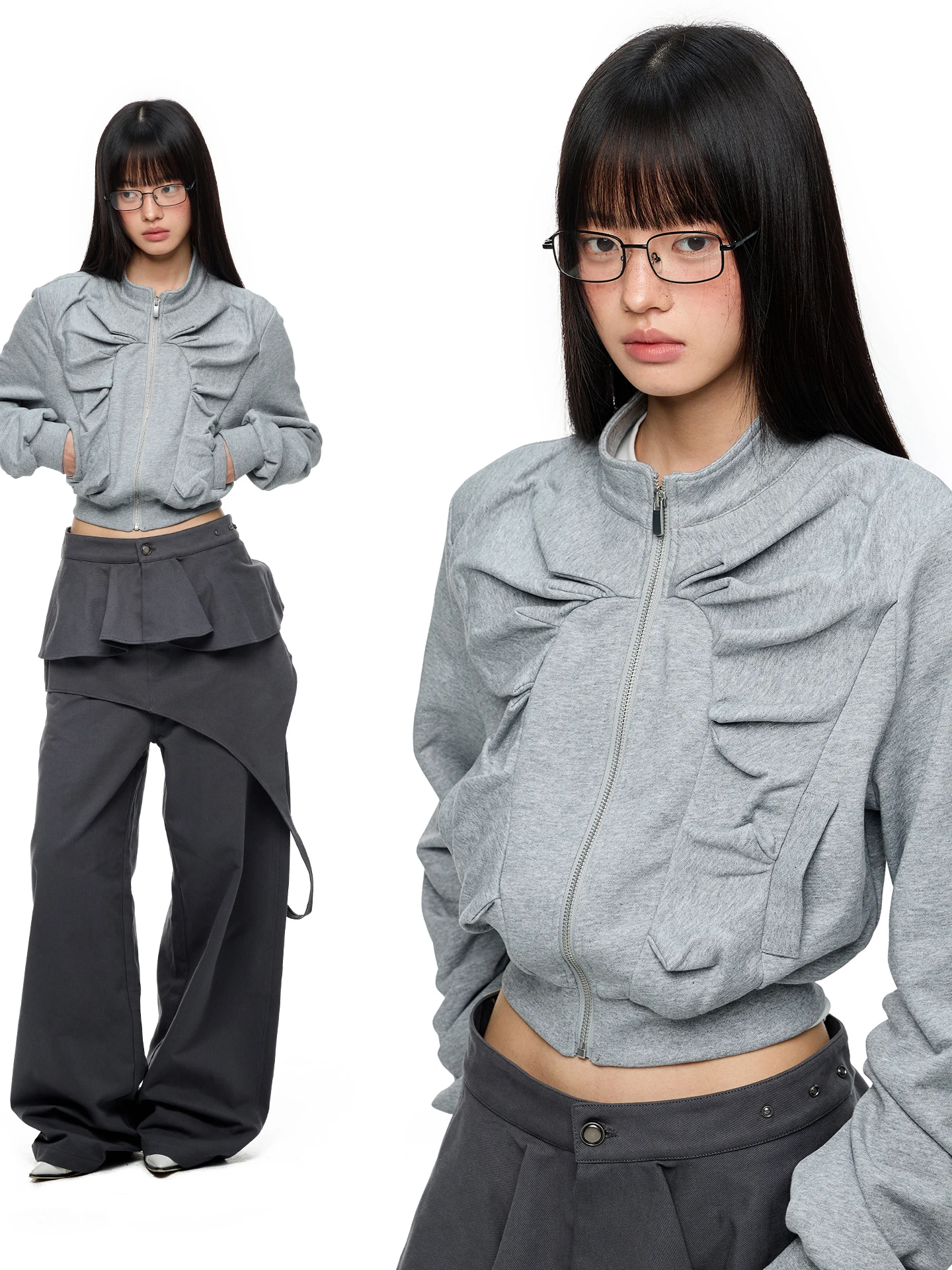 灰色ショートスウェットジャケット【デザイン袖・フィット・秋用・女性用】