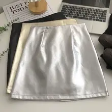 シルバーPUレザー膝上スカート【ハイウエスト・Aライン・カジュアル】